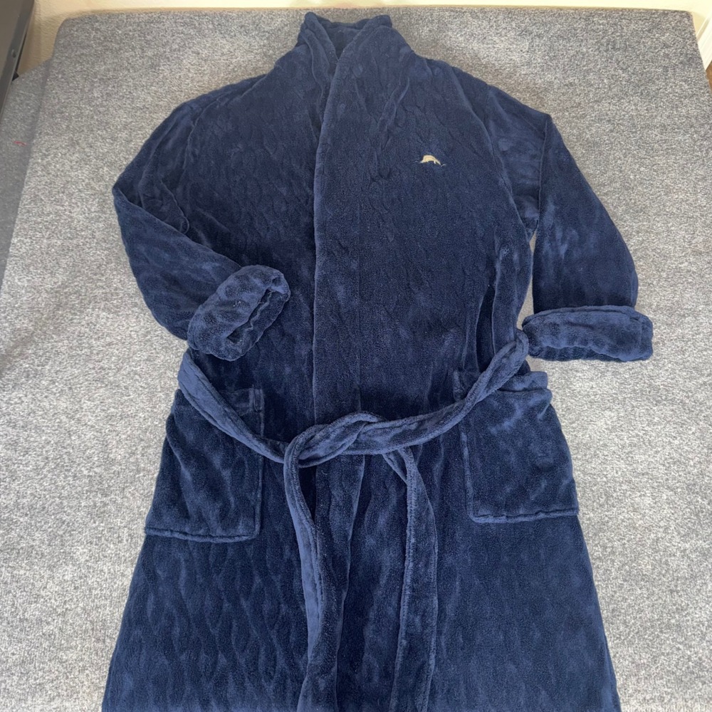 Tommy Bahama Mens L/XL Navy Plush Fleece Robe Soft Lounge Sleepwear Belted Cozy